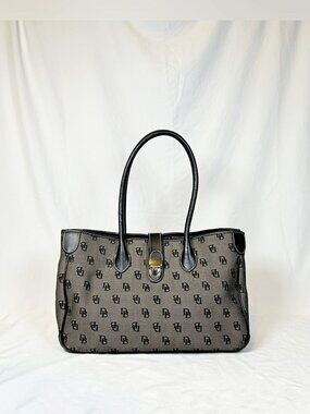 Vintage Dooney & Bourke Large Black Gray Canvas Signature Leather Tote Bag